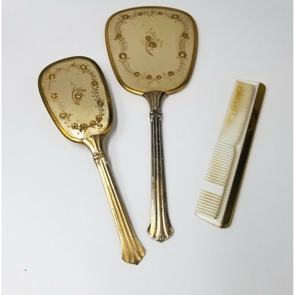 Vintage 40s Matson Vanity Dresser Hand Mirror Gold Comb Brush Hollywood Regency